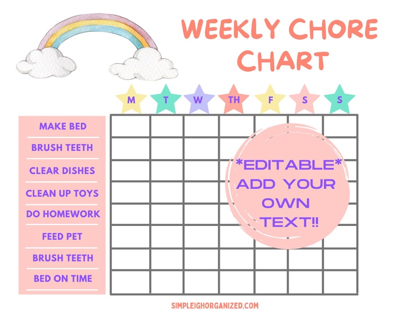 Editable Chore Chart for Girls, Printable Chore Chart For Kids, Daily Kids Chore Responsibility Chart Instant Download, Busy Moms Planner image 1