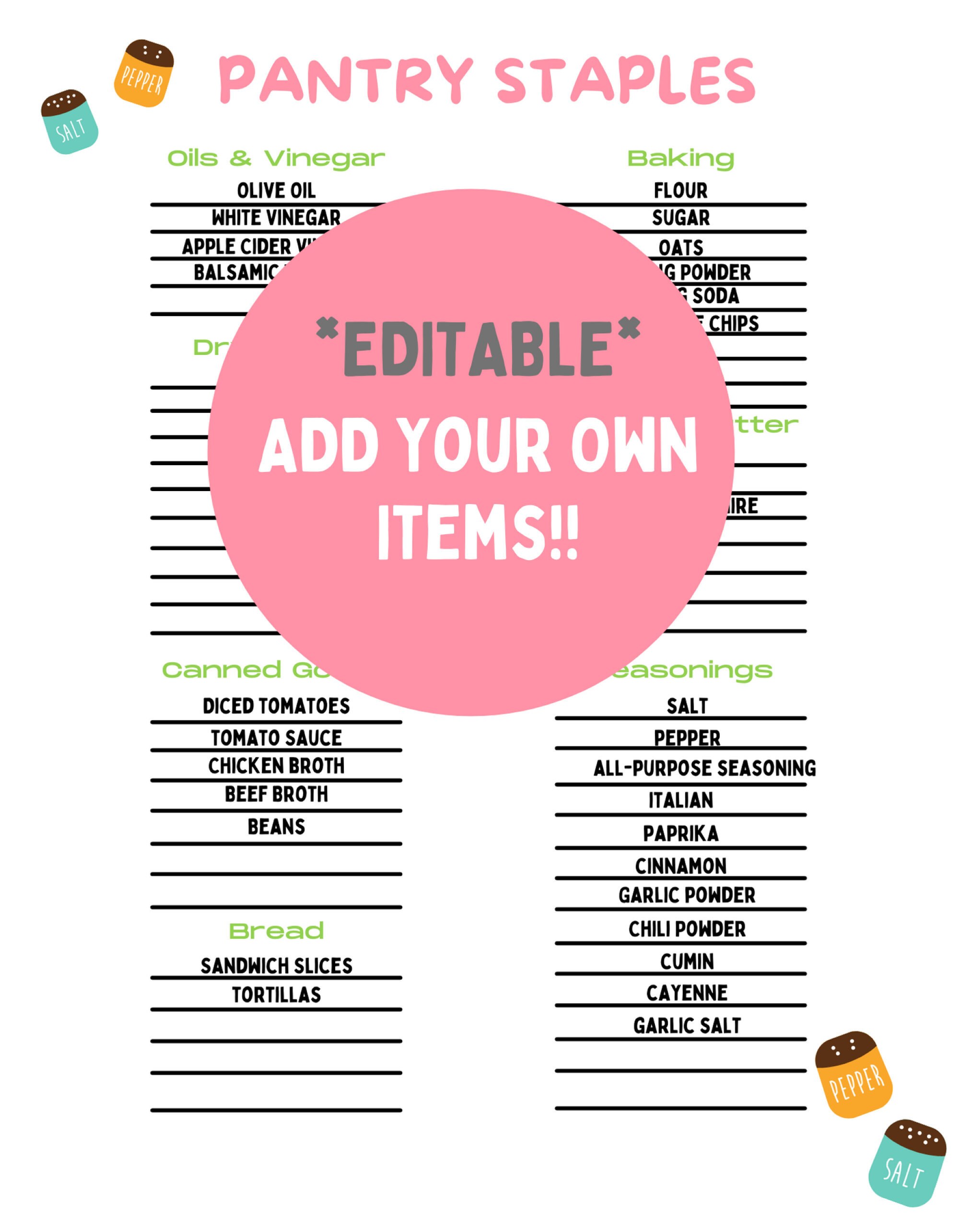 EDITABLE Pantry Staples Instant Download Kitchen Inventory Etsy