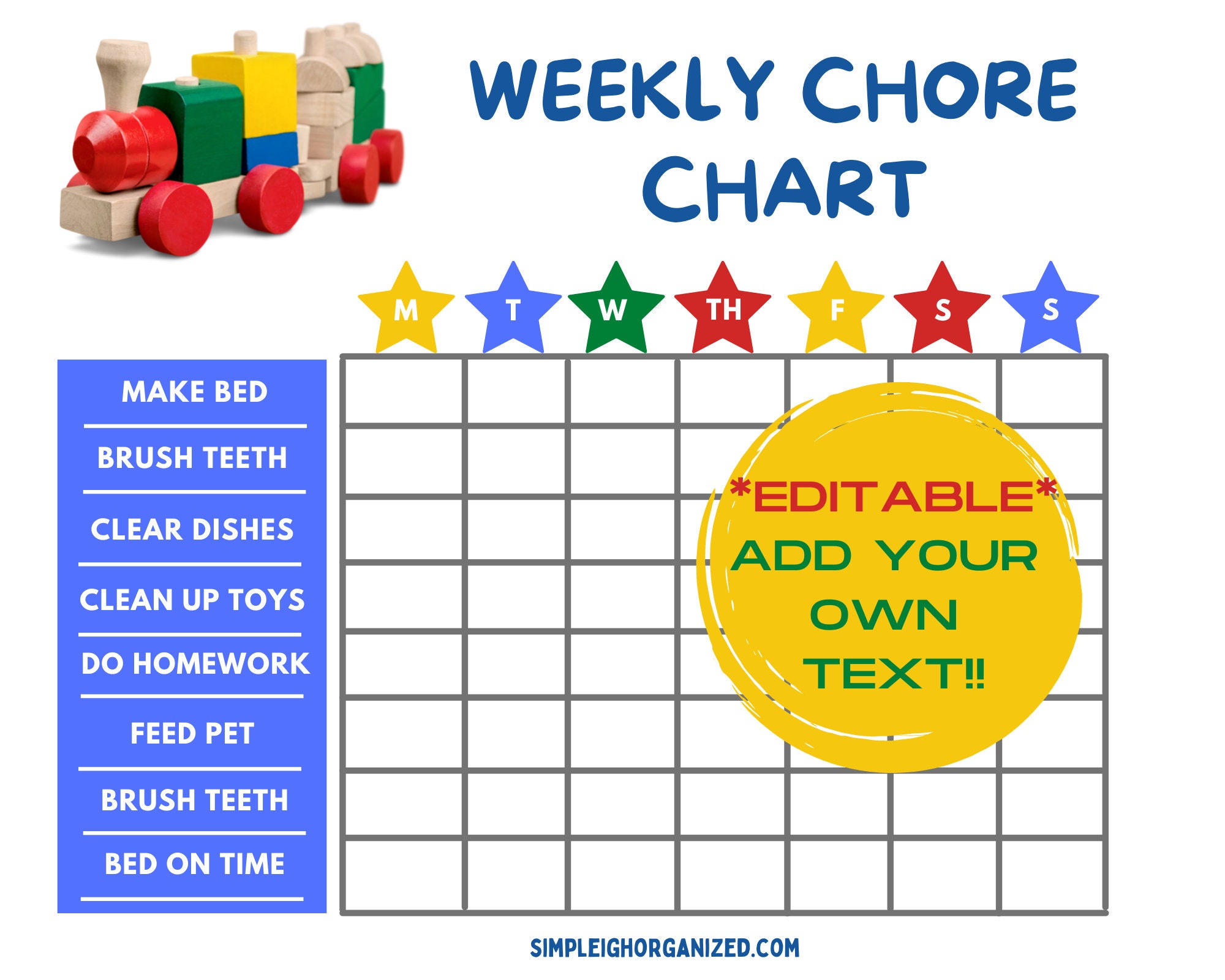 Editable Weekly Kids Chore Chart Printable Chore Chart Boy Etsy