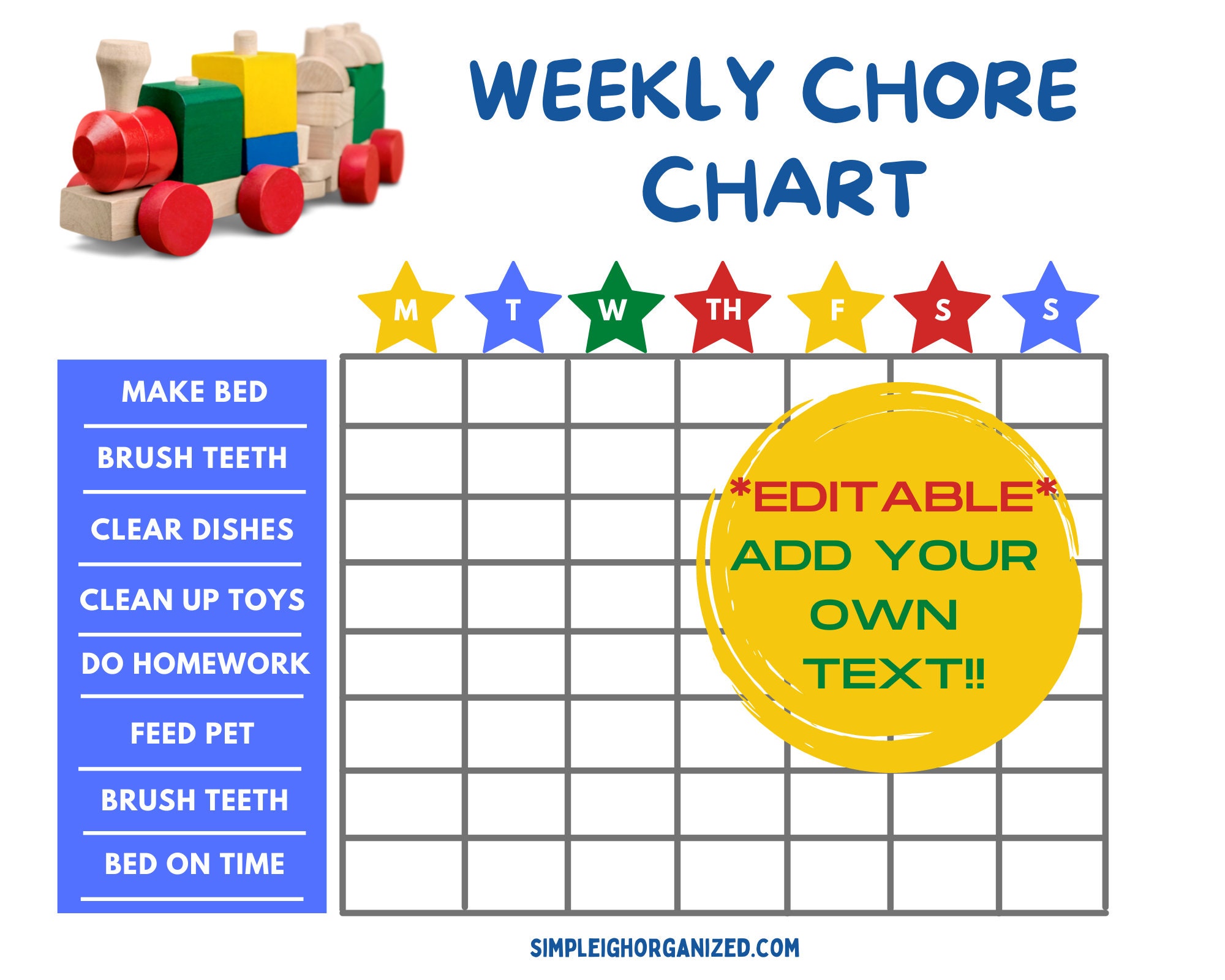 EDITABLE Weekly Kids Chore Chart Printable Chore Chart Boy | Etsy