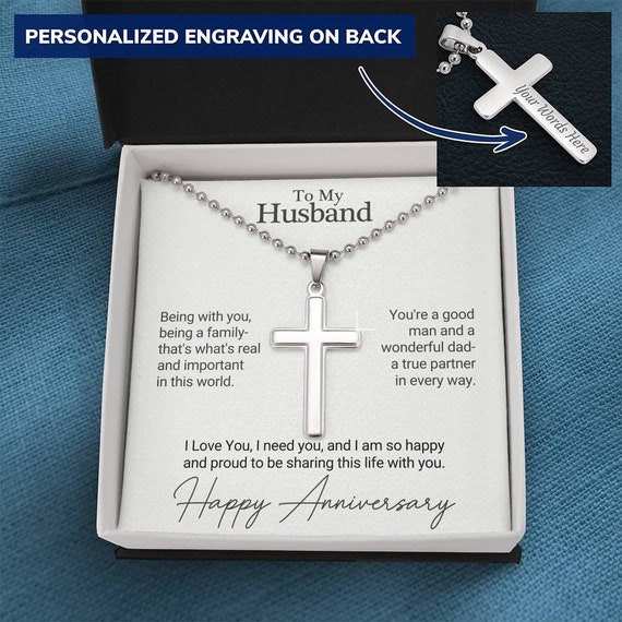 Anniversary Gift for Husband Engraved Personalized Cross Necklace