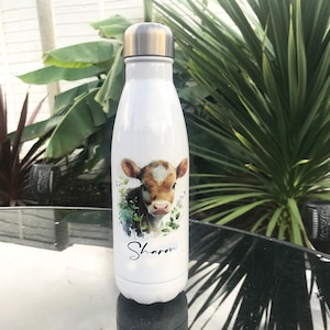 Highland Cow Water Bottle, Personalised Cow Bottle, 500ml Waterbottle, Cute Cow Gift, Gift for Her, School Water Bottle, Highland Cow Gift