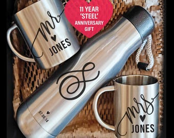 11 Year Steel Wedding Anniversary Flask and Cup Set, Steel Personalised Mr and Mrs Mugs, Wedding Anniversary Mugs, Steel Anniversary Husband