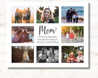 May include: A collage of photos with the word "Mom" and the text "The love we share grows strong & deep, leaving us memories to cherish & keep".