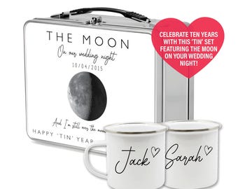 Personalised Tin Anniversary Gift Set, Moon Phase Cups & Keepsake Box