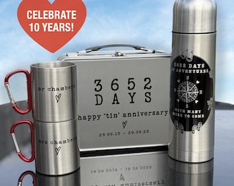 10th Anniversary Flask, Tin and Mug Set, Tin Anniversary, Ten Year Anniversary, For Wife, Husband, Hiking, Walking Couple, Anniversary Flask