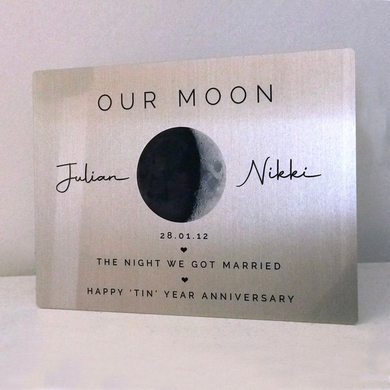 10 Year Anniversary, Our Moon, Moon Phase, Anniversary for Wife, Gift for Husband, Tin Year Anniversary, Wedding Moon, Valentines image 7