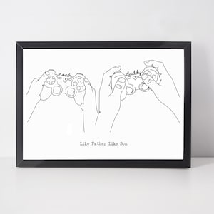 Gepersonaliseerde handgetekende vaderdagcontroller, gamer vader en zoon, gaming vader en dochter, vaderdag kunst, tweeling vaderdag