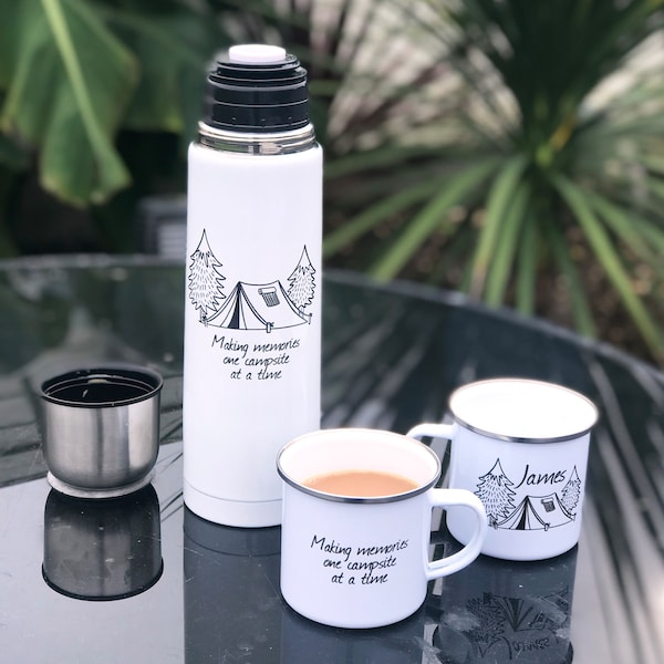 Camping Mug and Flask Set, Camping Gift, Flask, Tent Gift, Personalised Camping Mugs