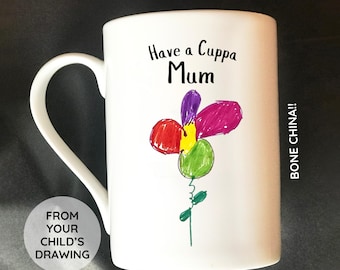 Kids Art on Bone China Mug for Mum, Bone China with artwork, Grandparent gift from artwork, Personalised Grandad, Bone China Cup with art