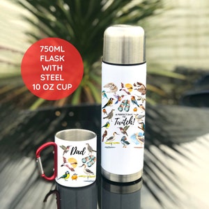 May include: A stainless steel flask with a white background featuring a colourful illustration of various birds and the text "A perfect day to Twitch!"  A matching 10 ounce stainless steel cup with a red handle and the word "Dad" printed on it.