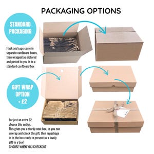 May include: Two packaging options for a product. The standard packaging option shows a brown cardboard box with a product inside. The gift wrap option shows a brown cardboard box with a product inside, wrapped in brown paper and tied with twine. The text "Gift Wrap Option + &pound;2" is on a circle.