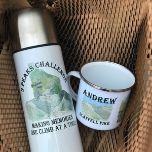 Three Peaks Challenge Mug and Flask Set, Personalised Hikers Flask, Personalised Walkers Mugs, Three Peaks Challenge Gift