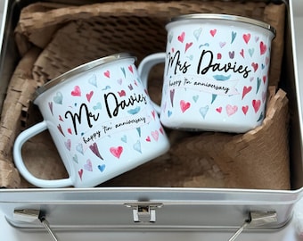 10 year Wedding Anniversary Cups, Ten Year Anniversary, For Wife, For Husband, Tin Year Gift Ideas, Mr and Mrs Tin Mugs