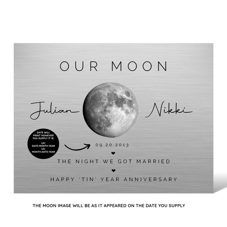 10 Year Anniversary, Our Moon, Moon Phase, Anniversary for Wife, Gift for Husband, Tin Year Anniversary, Wedding Moon, Valentines image 2