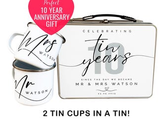 10 year Anniversary Tin Cup and Tin Set, Anniversary Gift, Ten Year Anniversary, Gift for Wife, Husband, Mr and Mrs Gift, Tin Anniversary