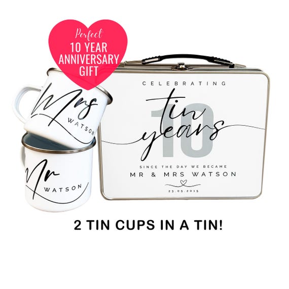 10 year Anniversary Tin Cup and Tin Set, Anniversary Gift, Ten Year Anniversary, Gift for Wife, Husband, Mr and Mrs Gift, Tin Anniversary