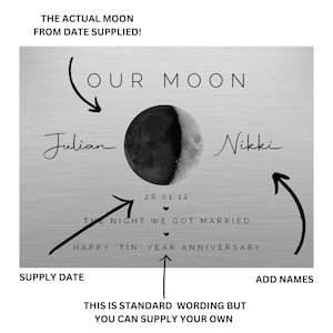 10 Year Anniversary, Our Moon, Moon Phase, Anniversary for Wife, Gift for Husband, Tin Year Anniversary, Wedding Moon, Valentines image 4