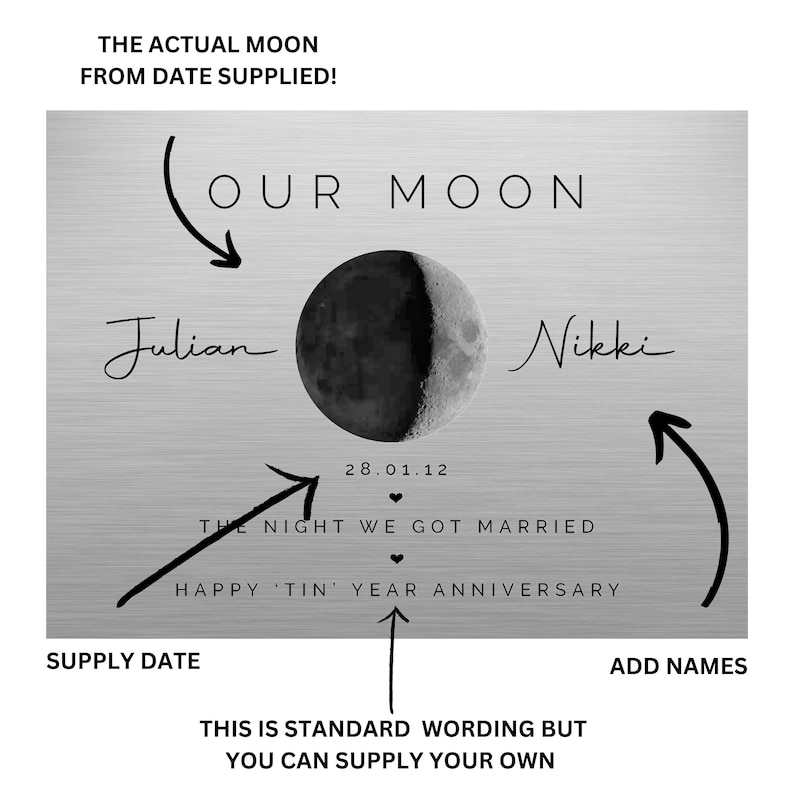 10 Year Anniversary, Our Moon, Moon Phase, Anniversary for Wife, Gift for Husband, Tin Year Anniversary, Wedding Moon, Valentines image 4