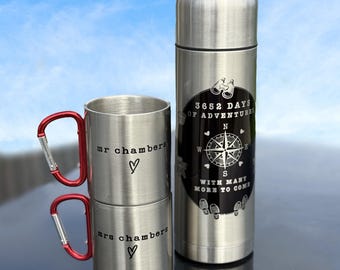 Hiking Couple Anniversary Flask, Tin and Mug Set, Tin Anniversary, Ten Year Anniversary, For Wife, Husband, 10th Anniversary Flask and Mugs