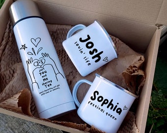 Custom Cup and Flask Set, Camping Gift, Personalised Flask, Tin Anniversary Gift, Travel Cup, Campervan gift, Festival Cup