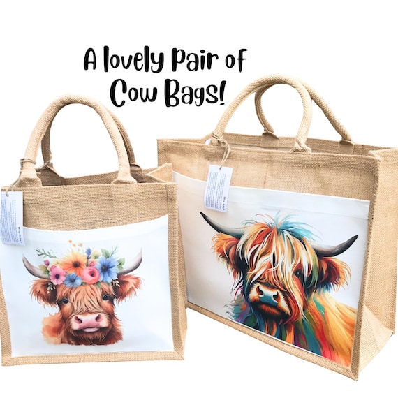 Highland Cow Jute Bag Set, Gift for Her, Colourful Highland Cow Tote Bag, Highland Cow Bag for Life, Cute Highland Cow Gift