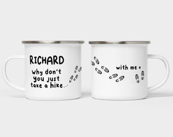 Wanderer Tasse und Flaschenset, personalisierte Wandererflasche, personalisierte Wanderertassen, Wandergeschenk, Valentinstag für ihn, maßgeschneiderte Emailletassen