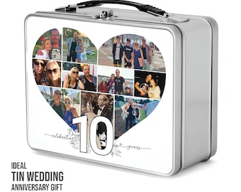 Conjunto de presente personalizado em lata para o 10º aniversário de casamento, com colagem de fotos.
