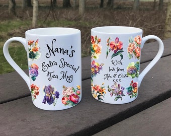 Personalised Floral Mug, Bone China Cup, 70th Gift, Grandma Birthday, Nanny Mug, Nanny Bone China, Mum Cup, Easter cup Grandma