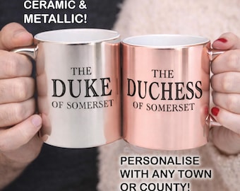 Personalized Metallic Chrome Couple Mugs, Duke & Duchess, Valentine's Day Gift
