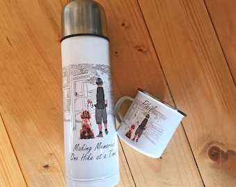 One Man and His Dog Personalised Hikers Flask, Walkers Mug and Flask Set, Valentine gift for Him, Dog walking flask