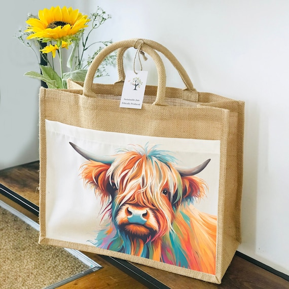 Highland Cow Jute Bag, Gift for Her, Colourful Highland Cow Tote Bag, Highland Cow Bag for Life, Fluffy Highland Cow Gift