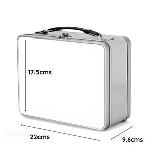 May include: A silver metal lunch box with a black handle. The lunch box is 17.5 inches tall, 22 inches wide, and 9.6 inches deep.