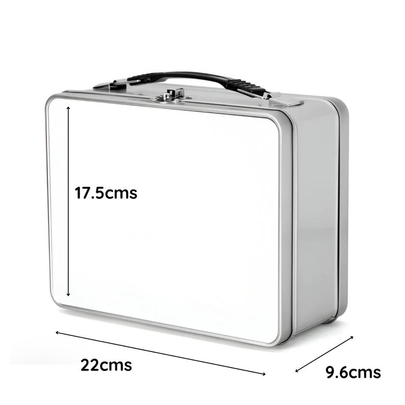 May include: A silver metal lunch box with a black handle. The lunch box is 17.5 inches tall, 22 inches wide, and 9.6 inches deep.