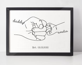 Personalised Hand Drawn Daddy and Child, Minimalist Line Art Print, New Dad Gift, Fist Bump Art, Newborn Gift, Baby Shower, Birthday Dad