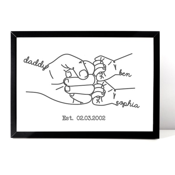 Personalised Hand Drawn Daddy and Twins Print, Minimalist Fist Bump, New Dad of Twins Gift, Father's Day Twins, Newborn Gift