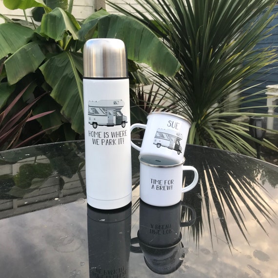 Motorhome Flask and Mug Set, Motorhome Gift, Flask, Caravan Gift, Personalised Campervan Flask, Campervan gift, Fathers Day Motorhome Gift