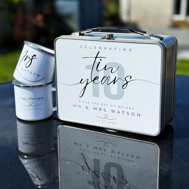 10 year Anniversary Tin Cup and Tin Set, Anniversary Gift, Ten Year Anniversary, Gift for Wife, Husband, Mr and Mrs Gift, Tin Anniversary image 2