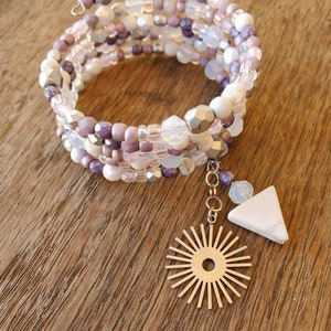 Here Comes the Sun Bracelet in White + Purple | Handmade Beaded Memory Wire Wrap Bracelet
