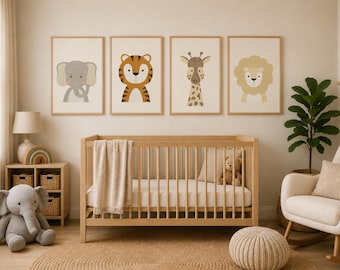 Set of 4 Safari Animal Wall Art, Nursery Theme Decor for Kids Room, Digital illustrations, Baby Shower Gift Boy or Girl