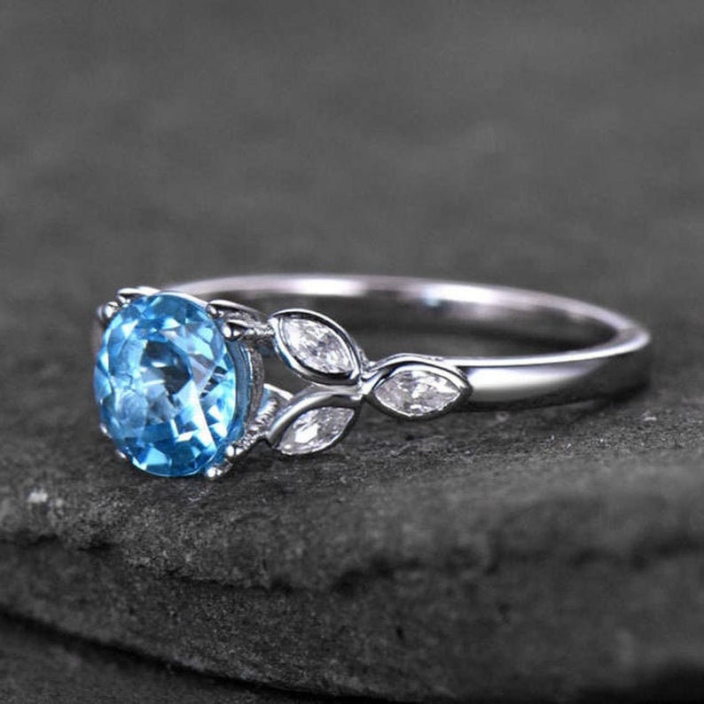 Art Deco Vintage Ring,Blue Gemstone Promise Ring,925 Sterling Silver Birthstone Ring, Blue Topaz Engagement Ring Topaz with diamond ring