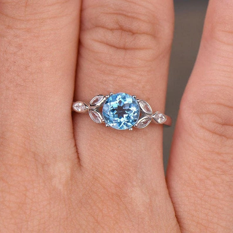 Art Deco Vintage Ring,Blue Gemstone Promise Ring,925 Sterling Silver Birthstone Ring, Blue Topaz Engagement Ring Topaz with diamond ring
