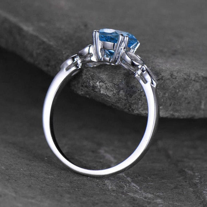 Art Deco Vintage Ring,Blue Gemstone Promise Ring,925 Sterling Silver Birthstone Ring, Blue Topaz Engagement Ring Topaz with diamond ring