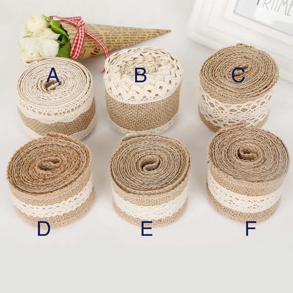 Natural Faux Burlap Ribbon With White Cotton Lace ,1m, 50mm or