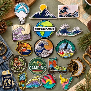 May include: A collection of embroidered patches featuring various designs including a lightbulb with a whale, mountains, ocean waves, a globe with the text THERE'S NO PLANET B, a compass, a campfire, a passport, and a sun and moon.