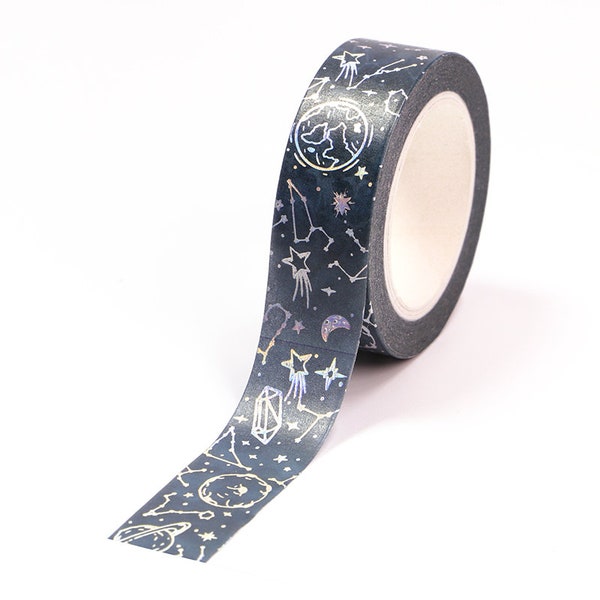 10m Silver Foil Starry Sky Moon Stars Washi Tape, 15mm largeur, Scrapbooking Masking Paper Tape Office Adhesive Kawaii Stationery