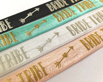 5/8" Light Pink and Gold Metallic, Bride Tribe,  Print Fold Over Elastic - Elastic Headbands and Hair Ties -  per metre - Printed FOE 15mm