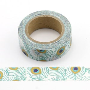Cinta washi de plumas de pavo real, plumas, boho, aves, cinta adhesiva, scrapbooking, diario, diario, diario, embalaje, envoltura de regalos, planificadores