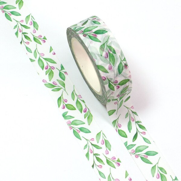 10M Spring Leaf and Flower Washi Tape, 15mm Wide Sticky Adhesive Tape Album DIY Decorative Paper Scrapbooking Planner Kawaii Stationery