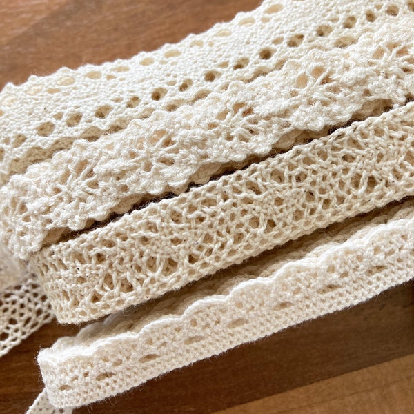 Cotton Lace Ribbon, 100% Cotton, 12 - 16mm, Vintage, Ivory, Cream, Off-White.
